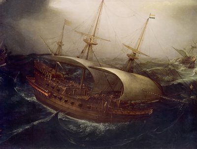 Niederländisches Kriegsschiff in einem Sturm (Detail) von Hendrick Cornelisz. Vroom